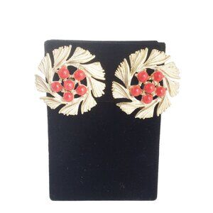 Enameled Flowers Clip On Earrings White Petals Red Beads Retro Fashion Earrings